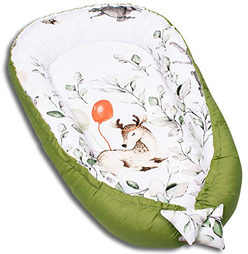 PaLulli Kuschelnest 2-seitig Babynest Babynestchen Baby Nest Nestchen Reisebett Wickelauflage Kuschelbett, Kokon Kokon für Babybett - Babys und Säuglinge, 100% Baumwolle Oeko TEX (Bambi Grüne)