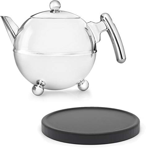 Bredemeijer Bella Ronde Edelstahl-Teekannen-Set 1.2 L - Doppelwandige Edelstahlkanne in Kugelform mit Füßen, silber - Mit schwarzem Untersetzer, ohne Siebeinsatz, ideal für Teebeutel & losen Tee