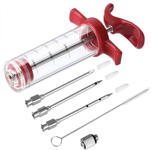 Meat Injector Syringe - 3 Marinade Injector Needles for BBQ Grill, Premium Portable Turkey Injector kit for Smoker,Marinades Injector for Meats With 1oz Large Capacity 1 Brush Easy to Use & Clean Red