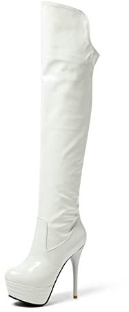 GAOword 13,5 Cm/5,31 Tacchi Alti da Donna Sexy Stivali Alti Fino alla Coscia in Pelle Verniciata Discoteca Prom Party Stivali da Pole Dance con Tacco Alto,Bianca,46 EU