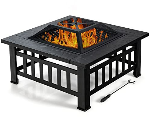 COSTWAY Braciere da Esterno 81cm, 3 in 1 Braciere da Giardino con Parascintille Griglia, in Acciaio, Diametro 81 x 81 x 50 cm (Nero)