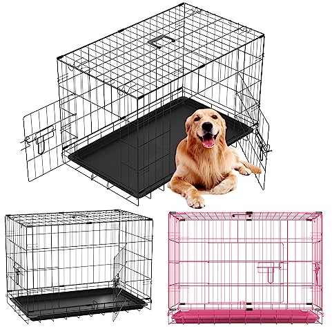 24 Inch Dog Crate Pet Dog Folding 2 Door Crate Puppy Carrier Training Cage with Chew Resistant Plastic Base Tray and Carrier Handle
