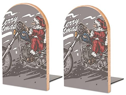 Pack Of 2 Bookend Santa Riding Chopper In The Non-Slip Book Stand Wooden Bookshelf Books Holder For Home Desk Office Library