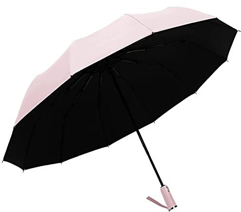 Paraguas UV Sun Rain, 12 bandas compactas plegables de viaje para mujeres y hombres y niños, cierre abierto para coche, paraguas portátil a prueba de viento 2 en 1, rosa