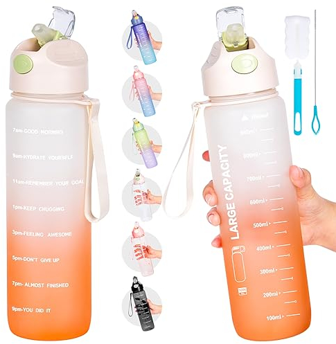 Water Bottle 1L, Sports Water Bottle with Straw & Time Maker, Drinks Bottle with Bottle Brush and Filter, Leak-proof, BPA-free Plastic Drink Bottle for Running Gym Cycling Office and School (Orange)