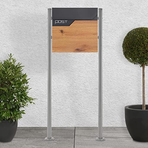 ECD Germany Standbriefkasten mit Zeitungsfach, Design Briefkasten mit Pfosten, Briefkastenanlage, Briefkastenständer Silber 120 cm Edelstahl, Postkasten Anthrazit-Holzoptik Edelstahl pulverbechichtet