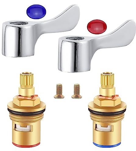 Omevett 2 Sets Mixer Tap Cartridge with Metal Lever Heads Universal 1/2 Ceramic Tap Cartridge for Kitchen Bathroom Faucet Sink - Chrome Plated
