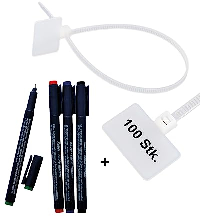 tsnetworks 100 fascette stringicavo con campo di etichettatura e 4 marcatori per cavi, marcatore per cavi 8407 nero, blu, rosso, verde, etichetta per tubi, marcatura per cavi