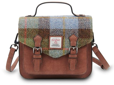 Islander® The Calton Satchel Damen-Umhängetasche mit Harris-Tweed, Größe S und M, Kastanienblaues Schottenkaro, Medium