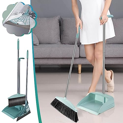 Juego de Escobas y Recogedor con Escobilla de Piso, Juego de Escobas y Recogedor Giratorios de 180° con Mango Largo, Dientes de Recogedor Autolimpiantes, for el Hogar, Cocina, Sala, Oficina, Piso del