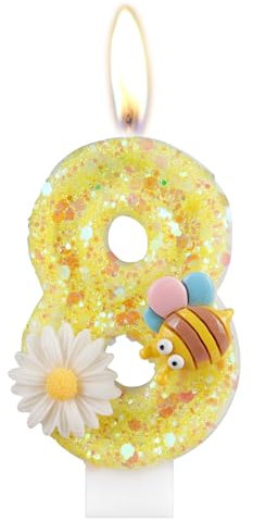 Blume Geburtstagskerzen, Zahl 8 Kerzen mit Biene für Kuchen, Mädchen 8. Geburtstag Dekorationen, Gelb Glitzer Geburtstagskerzen, Honigbiene Kuchen Kerzen Toppers für Mädchen Baby Geburtstag Party