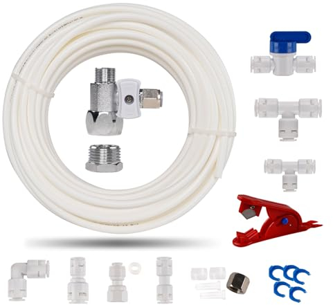 ilauke 15m Linea di Alimentazione Acqua Universal Set di Collegamento con 3/8 T Pezzo, 11 Pezzi RO Filtro Acqua Raccordo per 1/4 Pollice Tubo, Frigorifero Tubo, Tubo Acqua