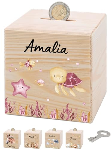 Bärenfreunde® - Personalisierte Spardose Kinder aus Holz mit Metallschloss - Spardose mit Namen mit kinderfreundlichem UV-Druck zum Sparen für Kinderträume (Schildkröte rosa)