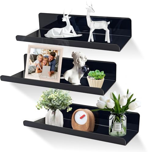 SHEPIN 3er Set Wandregal ohne Bohren Wand Schwarz Schweberegal, 30cm Regal Ohne Bohren aus Acryl Badezimmer Regal Zum Kleben, Wall Shelf Bilderleiste Bücherregal Kleberegal Bad Regal Selbstklebend
