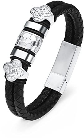 Urnenarmband für Asche für Frauen Männer 316L Edelstahl unregelmäßig geknackt Mann Armband Echtes geflochtenes Leder Herren Einäscherungsschmuck Urnen Armreif für Asche Double-Layer-Design