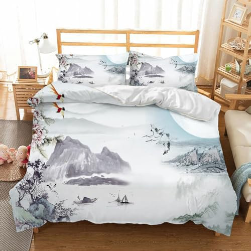 SJSXWQN Funda Nordica Cama 135 Pintura En Tinta Gris Edredon Cama para Niños Adultos con Cremallera cómodo Transpirable Microfibra Fundas Nordicas 220x220 cm + 2 Fundas de Almohada 50x80 cm