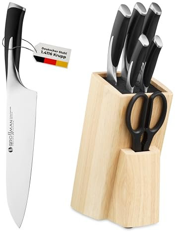GROSSMAN Oxford Bürsten Messerblock 6-teilig – Küchenmesser Set mit schwarzen Griffen – deutsche Edelstahlklingen – Messerhalter in Beige – rutschfest & langlebig