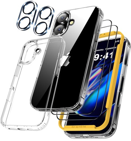 QHOHQ 5-in-1-Set für iPhone 16 Hülle [Nie Vergilbung] + 2X Schutzfolie + 2X Kamera Schutzhülle, Militärstandard Rundumschutz Handyhülle Case, Stoßfest, Anti-Kratzt, Klar