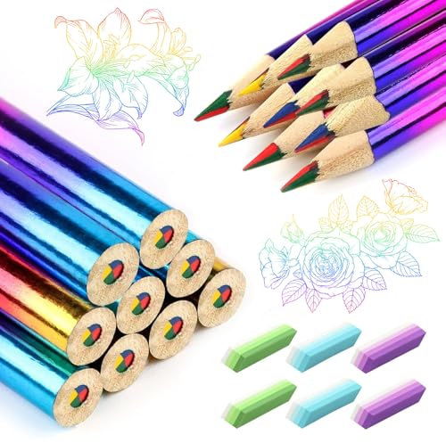 IETWATE 18 Stück Regenbogen Buntstifte Kinder, 4 in 1 Regenbogenstift, Holzstifte Farbstifte mit 6 Regenbogen Radiergummi, Regenbogenstifte für Mitgebsel Kindergeburtstag Gastgeschenke