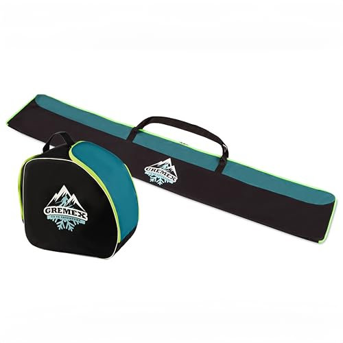 GREMEX Skitasche und Skischuhtasche Set - Starke Skitasche 180 cm - Skisack Set - Wasserfeste Tasche Skischuhe mit Helm - Skisack für 1 Paar Ski - Skischuhtasche mit Helmfach - Ski Zubehör