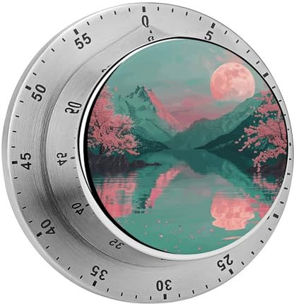 Mechanischer Edelstahl-Timer, Mondreflexion im Wasser, bedruckt, magnetisch, Countdown-Countup-Timer, 60-Minuten-Timer, geeignet zum Kochen, Backen, Lesen