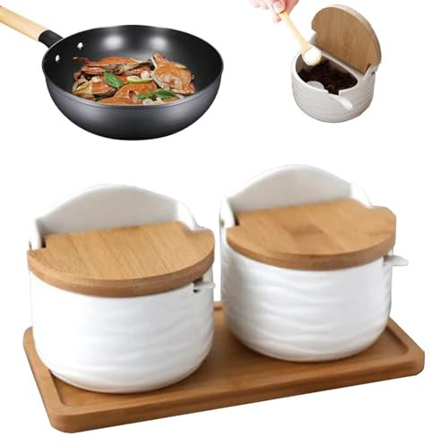 Recipientes para sal para encimera: salero de porcelana, pimenteros y saleros de cerámica, pimentero | 2 saleros de cerámica con tapa de cuchara de madera, tarro de almacenamiento de condimentos de sa