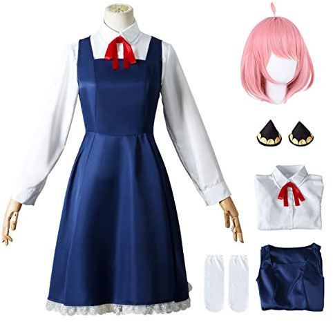 bi bi hou Anya Forger Cosplay Kostüm mit Perücke Anime Spy X Family Cosplay Kostüm Anya Cosplay Outfit Halloween Karneval Party Bühnenauftritt Kostüm für Erwachsene
