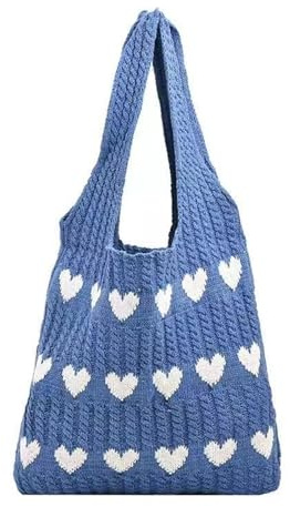 LOIJMK Damen Strick-Einkaufstasche, gehäkelte Umhängetasche, Liebes-Herz-Muster, Handtaschen, alltägliche Stricktasche Geblockte Taschen Mit Freizeit Strickjacken (Blue, One Size)