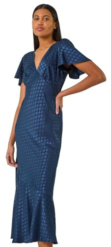 Roman Originals Satin Spot Print Midi Dress for Women UK - Ladies Everyday Holiday Spring Summer V-Neckline Comfy Soft Evening Vacation Work Party - Navy - Size 18