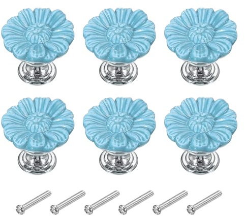 PATIKIL Vintage Floral Knobs, 6 Pcs Ceramic & Zinc Alloy Round Drawer Knobs, Blue, 1-5/16 Diameter