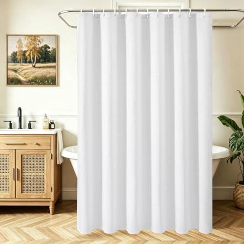 Lerores Duschvorhang 180x200 cm Waffel Weiß, Beschwerter Saum Antischimmel Textil, Wasserabweisend, Waschbar Polyester Stoff Badevorhänge für Badezimmer, Badewanne mit 12 Duschvorhangringe