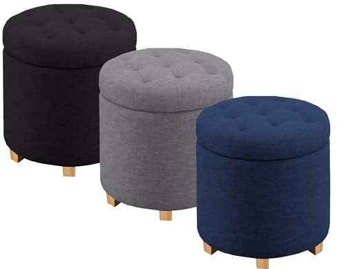 Ecoshine Supplies Ottoman Storage Box with Lid, Tufted Seat, Linen Fabric Round Padded Stool Footstool with Storage Bench In Grey Black, Navy Colour (Grey)
