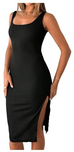 GORGLITTER Women's Rib Knit Square Neck High Split Tank Sundress Bodycon Pencil Knee Length Elegant Dresses Black Medium