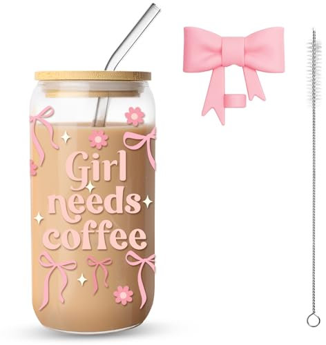 16oz Pink Bow Glass Cup with Lid and Straw, Aesthetic Mason Jar Tumbler for Iced Coffee, Matcha, Juice, Smoothie, Cute Coquette Glass Mug for Girls, Women, Friends, Daily & Party Use (Coffee Girl Cup)