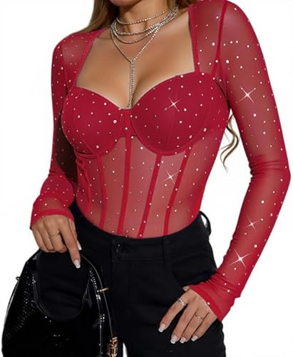 Sukiglam Body Damen Langarm Glitzer Bodys Sexy Netz Bodysuits Durchsichtige Langarmbody Figurenformend Oberteile Elegant Thong Bodysuit Herzförmiger Ausschnitt Tops Eng Sparkle Blusenbody für Club