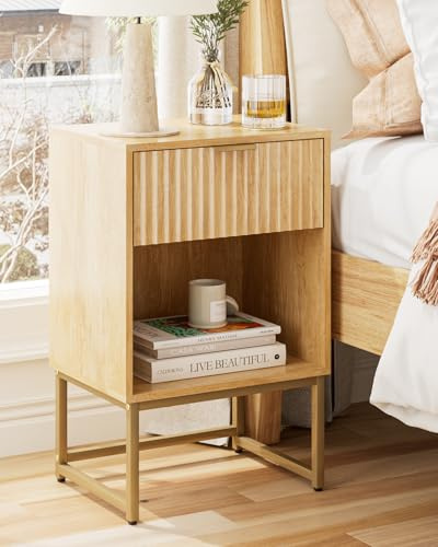 HEYZOEY® Nachttisch mit Schublade, 40 cm breiter Beistelltisch mit großem Fach, moderner Nachtschrank für Schlafzimmer, Wohnzimmer oder Büro (40 x 30 x 60 cm, Eichenholz mit geflutes Finish)