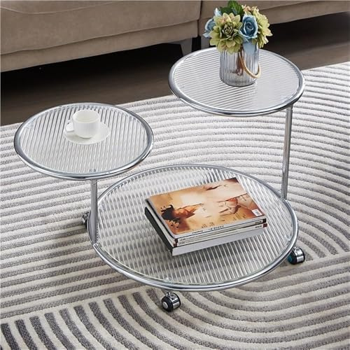 Générique Table d'appoint Ronde et Transparente Moderne avec Plateau pivotant en Verre trempé, Table Basse à roulettes pour Salon, Bureau et Toutes Occasions (Transparent 2)