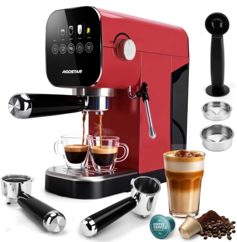 Aigostar Espresso Siebträgermaschine, Kompatibel mit Kapseln & Bohnenkaffee, 0,9L, 1350W, 20 Bar Druck, LCD-Touchscreen, Milchaufschäumer, Edelstahl, Kaffeemaschine Klein für Haushalt & Büro - Rot
