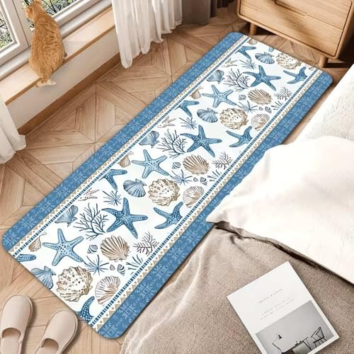 SOJAWA Maritimer Biologie Flurläufer, rutschfest Waschbar Kurzflor, Seesterne Muscheln Blau Design, Strapazierfähig Pflegeleicht Teppich für Flur Küche Wohnzimmer Eingang 60x150cm