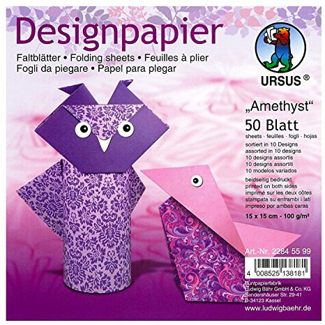 Ursus 22845599 - Designpapier Amethyst, 50 Blatt in 10 verschiedenen Motiven, ca. 15 x 15 cm, 100 g/qm, beidseitig Bedruckt, ideal zum Falten von kreativen Origami Tieren