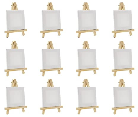 BRUBAKER 12er Set Mini Staffeleien mit Leinwand - Holz Tischkartenhalter - 12,5 cm Fotohalter Kartenhalter Platzkartenhalter - Kleine Tischdeko inkl. Mini-Leinwand Keilrahmen für Hochzeit Party