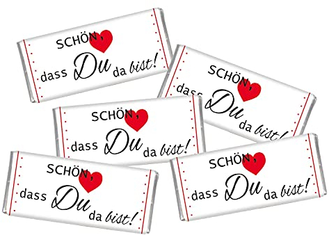 STEINBECK Tischdeko 5x 18g Mini-Schokolade - Schön dass du da bist Herzlich Willkommen - Minitafeln Gastgeschenk Deko Dekoration Herz Betthupferl Weihnachten Familienfeier Feier
