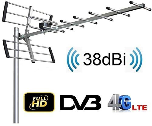 Antenna TV Esterno Full HD UHF 38 DBI TV TDT DVB-T Filtro LTE Attiva