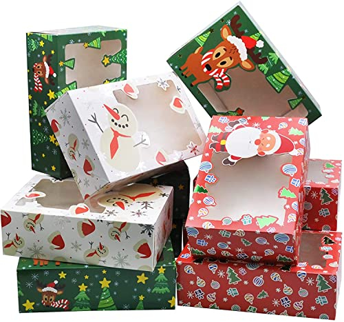 JOYIN 24 PCS Christmas Foil Treats Cookie Gift Box (8.75 x 5.75 x 2.75) Colorful Pattern with Window for Pastries, Cupcakes, Cookies, Brownies, Donuts Gift-Giving