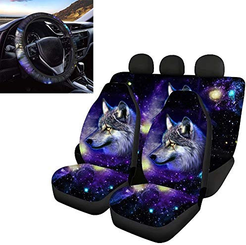 chaqlin Set von 5 Stück Autositzbezügen vorne und hinten Sitzkissen, Vordersitzbezüge, Lenkradbezüge mit Tier-Galaxie-Wolf-Muster, universelles Auto-Zubehör Dekor