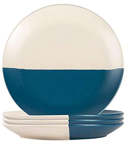 4x Navy 20.5cm Dipped Stoneware Plates - Microwave Safe Rustic Ceramic Porcelain Kitchen Serving Tableware Dish Set - by Nicola Spring