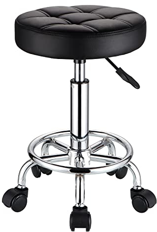 HMTOT Runde Rollhocker PU Leder Sitzhocker höhenverstellbar Drehhocker mit Rollen schwarz