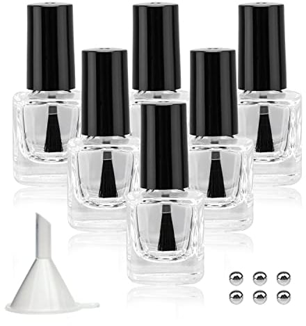Agidea Leere Nagellackflaschen mit Trichter, leere Fingernagelpoliturflaschen, Glas, rechteckig, mit Pinsel und Mischkugeln, Schwarz, 5 ml, 6 Stück