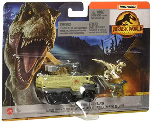 Matchbox Jurassic World Dino Transporter Velocirator (Blau) & Dino Veloz, Spielzeugfahrzeug für Kinder ab 3 Jahren inkl. Mini-Dinosaurier für Transport