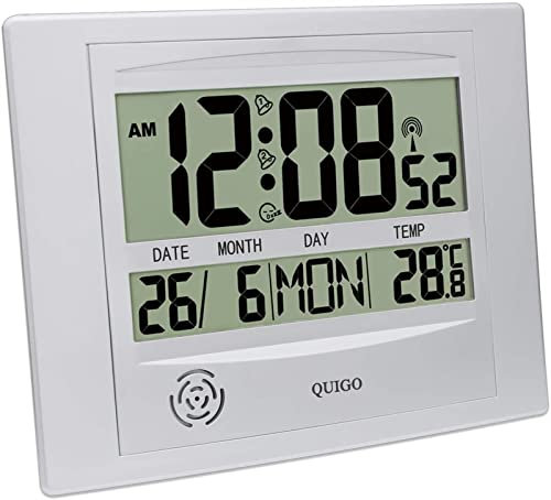 TXXMM Digital Wall Clock Radio Controlled Alarm Clock Large Display Battery Operated Bedside Desk Bedroom Office Clock Silver